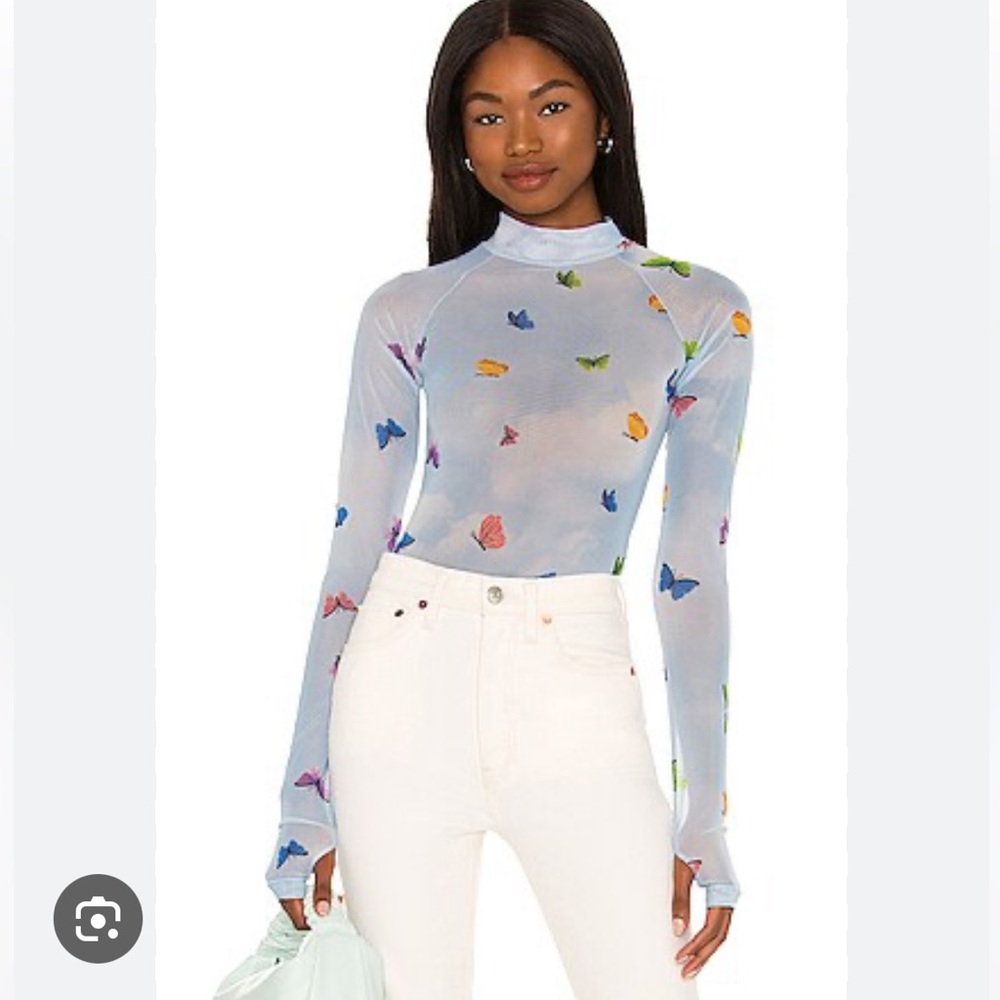 OW collection Blue Sheer Bodysuit with Butterfly Print